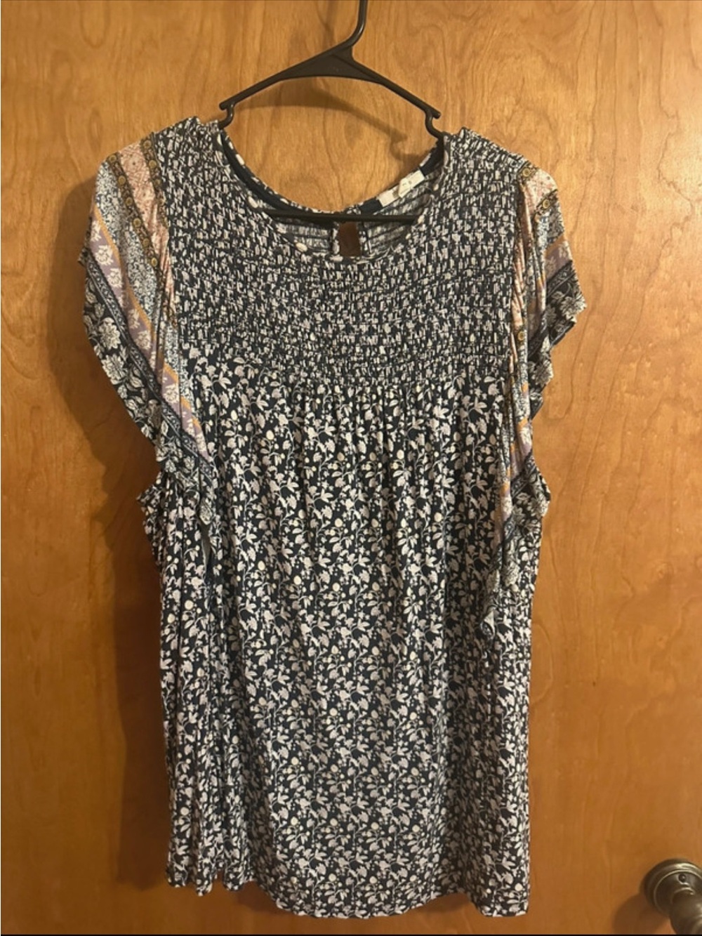 Maurices Navy Blue Floral Smocked Short Sleeve Top